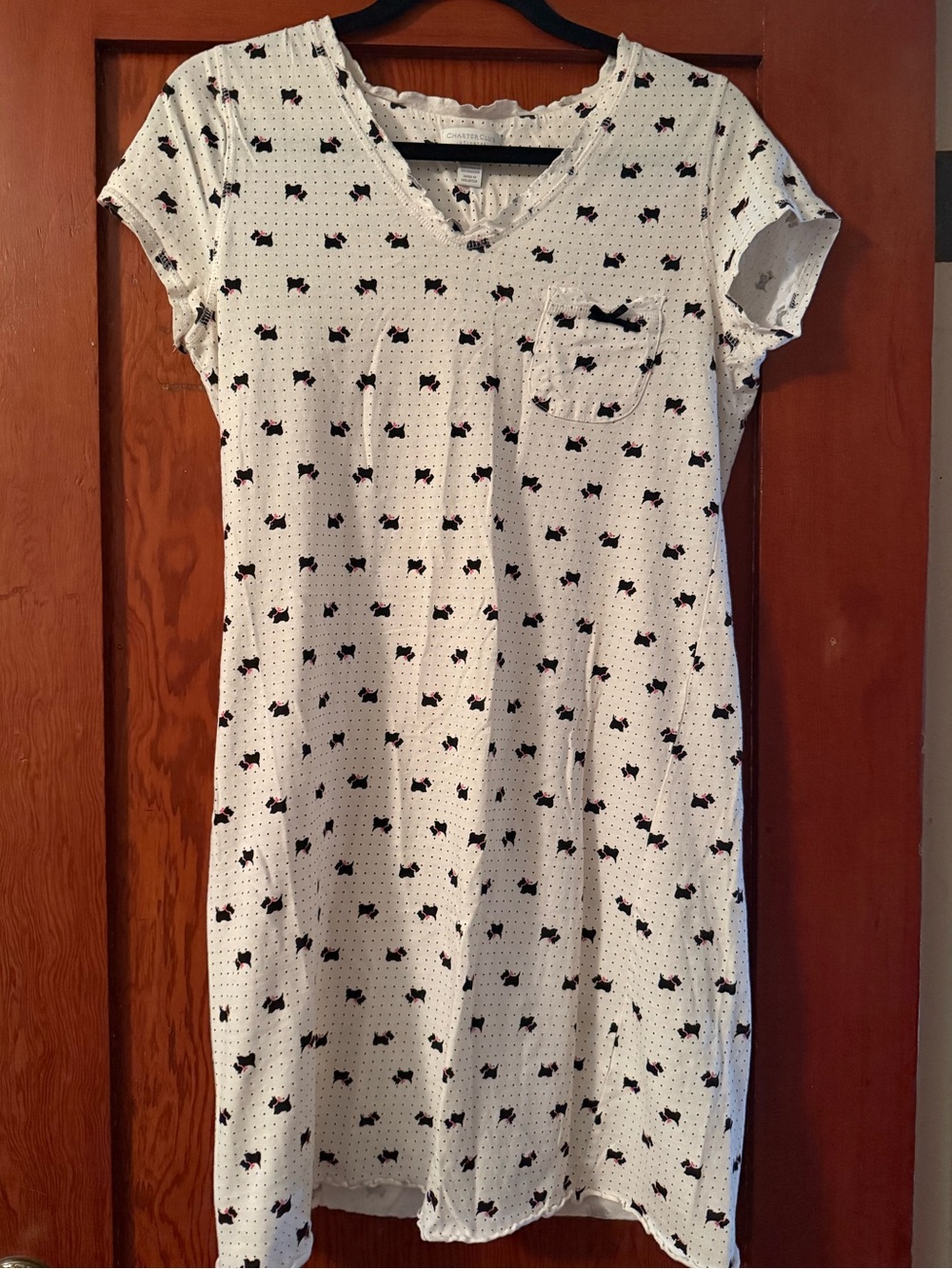 White Short-Sleeve V-Neck Sleepwear with Black Schnauzer Dog Print